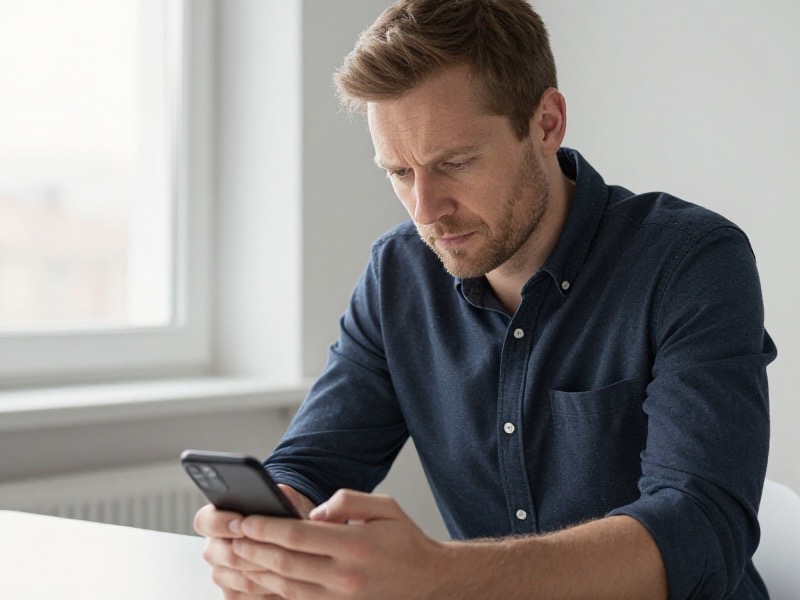 En norsk mann sitter i sofaen med mobilen og studerer nøye et profilbilde på en datingapp, med et skeptisk uttrykk i ansiktet og varmt kveldslys i stuen.