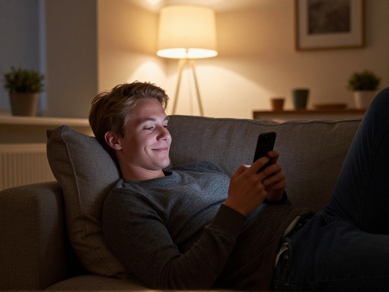 Ung person ligger avslappet i sofaen en kveld og smiler til mobilen, varmt lys, koselig norsk hjem, respektfull og naturlig.