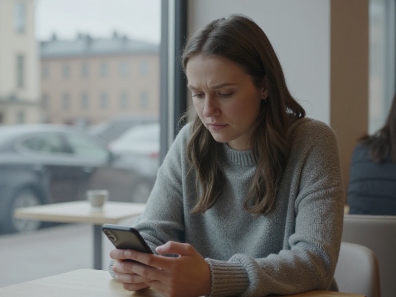 En kvinne i midten av tjueårene sitter ved et kafébord i Oslo en gråværsdag og ser tankefullt på en tekstmelding på telefonen sin i naturlig lys.