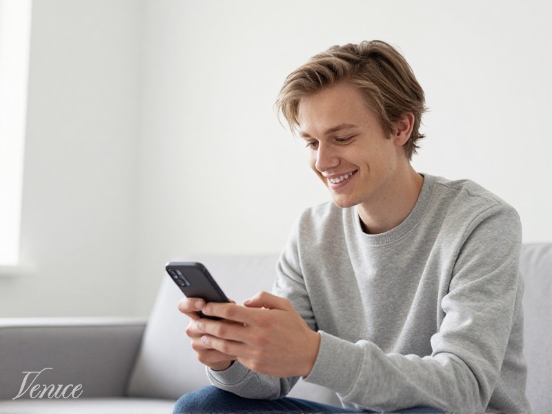 Ung norsk kvinne sitter ved et kafébord med kaffe og smarttelefon og fyller ut datingprofilen sin, dagslys og avslappet stemning