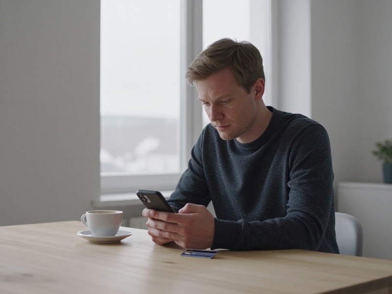 En smilende norsk kvinne i tjueårene sitter ved kjøkkenbordet og ser fornøyd på mobiltelefonen sin en tidlig kveld med varmt lys fra vinduet.