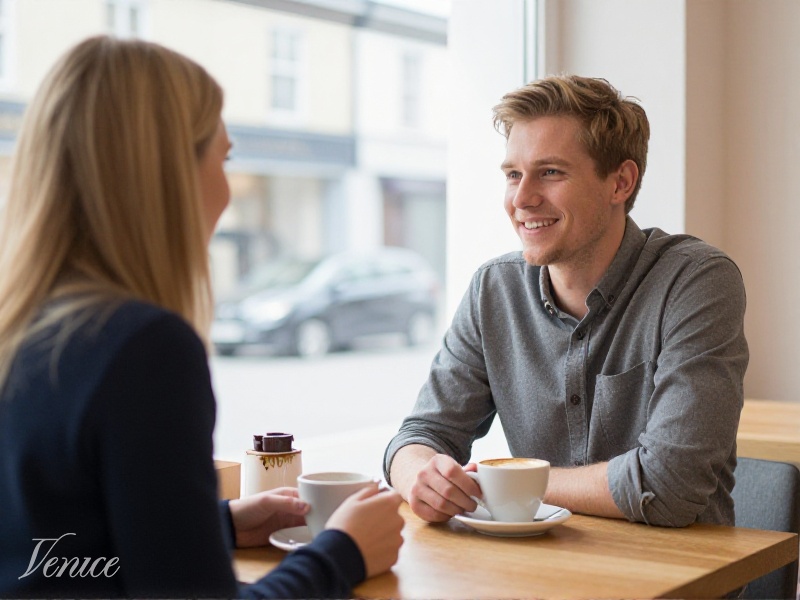 Et ungt norsk par møtes for første gang på en lys kafé på dagtid, smiler og prater avslappet over hver sin kaffekopp ved et vindusbord