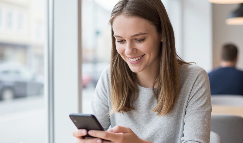 Ung norsk mann smiler mens han skriver den første meldingen på en datingapp på mobilen, mykt kveldslys og avslappet stemning på en kafé