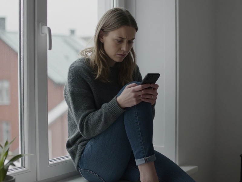 En mann i trettiårene sitter ved kjøkkenbordet i en norsk leilighet og ser på en ubesvart meldingstråd på mobilen i dempet morgenlys.