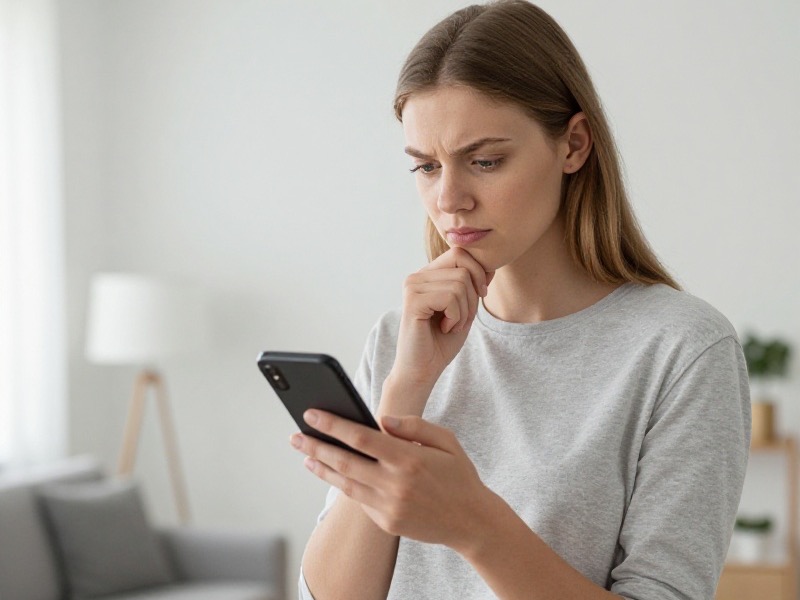 Ung norsk kvinne sitter ved et lyst kjøkkenbord i en Oslo-leilighet i dagslys og studerer en datingprofil på mobilen med et ettertenksomt uttrykk, rolig og fokusert
