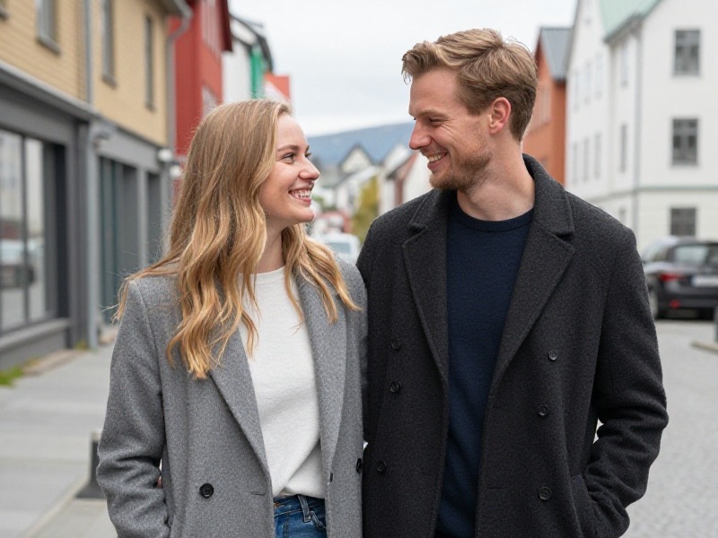 Et lykkelig ungt norsk par som smiler sammen utendørs i en skandinavisk by i dagslys, med ekte varme mellom seg.