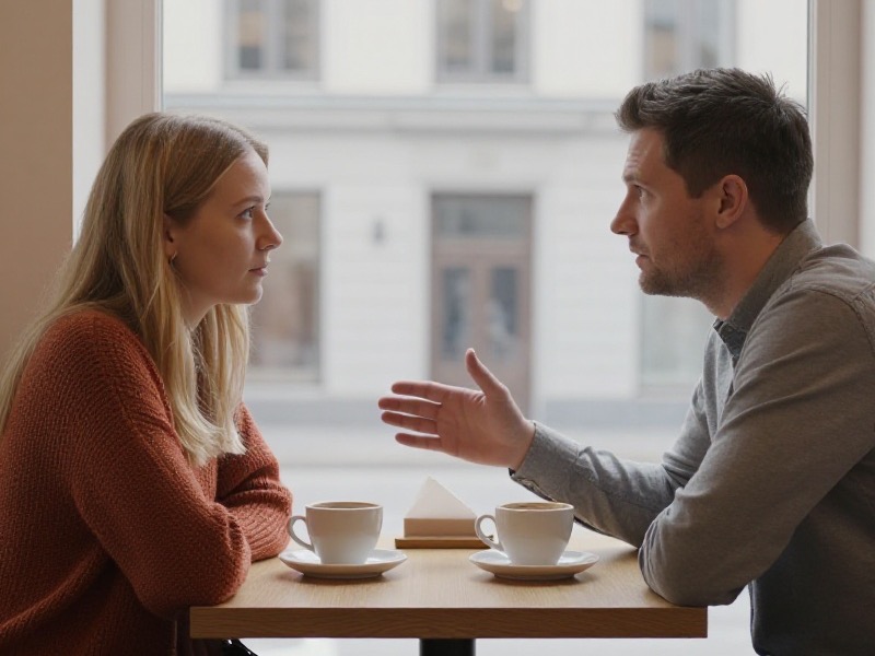 Et par sitter ansikt til ansikt ved et kafébord: kvinnen i rustrød strikkegenser lytter, mens mannen i grå skjorte snakker med en åpen håndbevegelse. To kaffekopper står mellom dem.