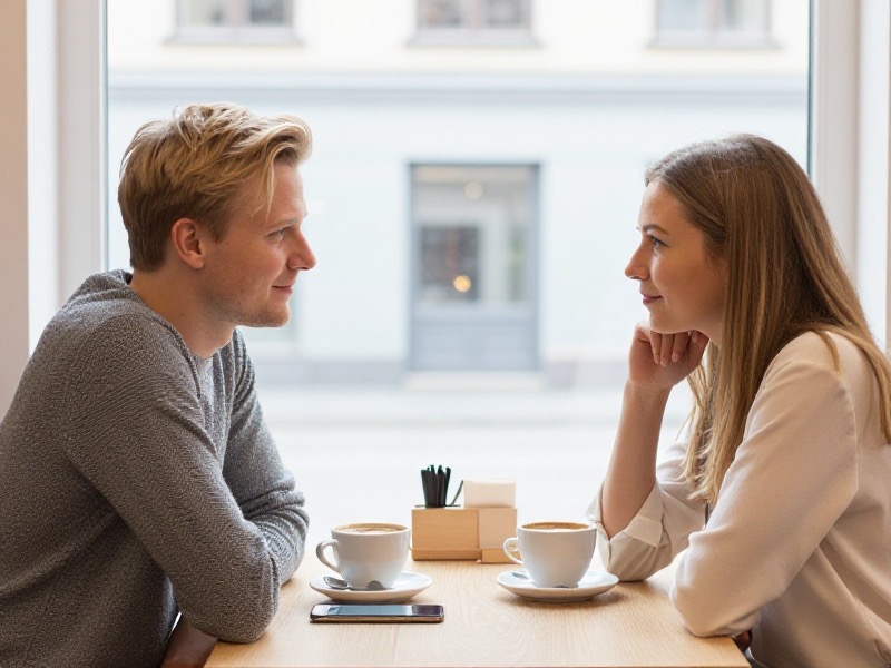 Et norsk par i 30-årene sitter ved et vindusbord på en lys kafé en ettermiddag, smiler til hverandre og deler regningen med Vipps på mobilen.