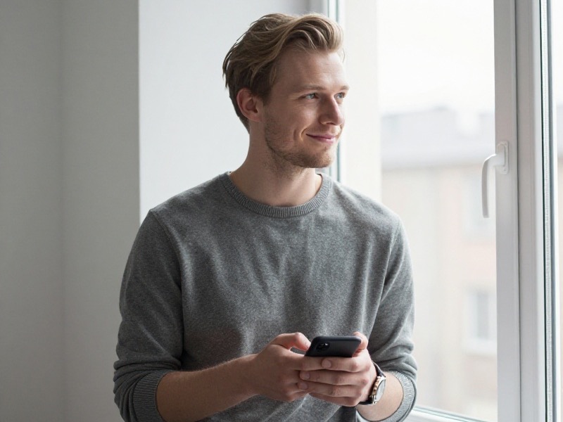 Ung norsk kvinne smiler avslappet mens hun holder mobilen på en lys kafé, rolig og selvsikker atmosfære med dagslys