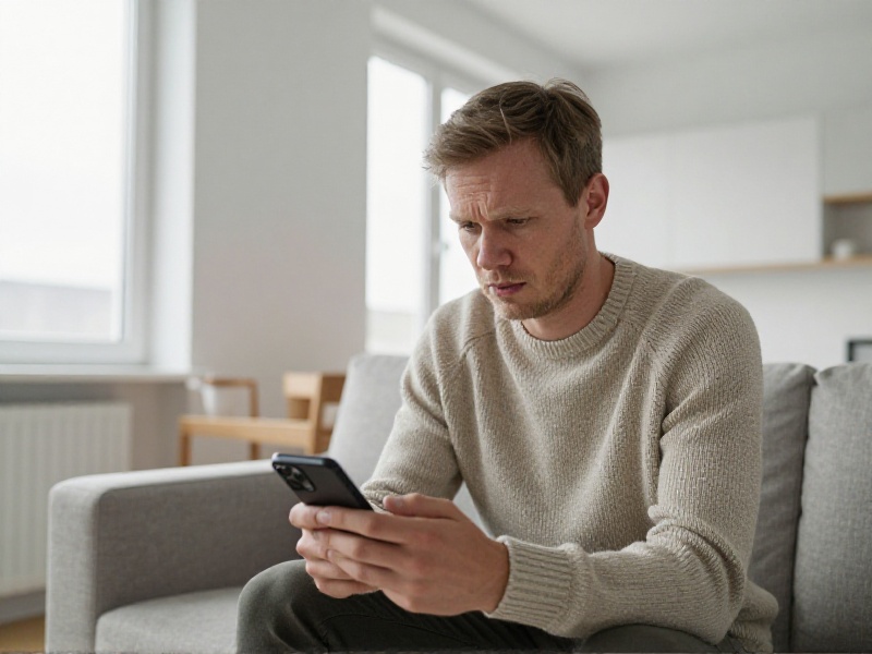 Frustrert ung mann i tjueårene sitter alene i en norsk stue og stirrer skuffet på en tom matcheliste på mobilen, kveldslys fra vinduet