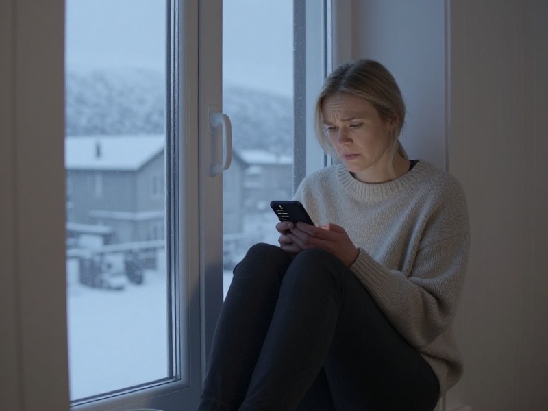 A woman in her early thirties sits by a window in a dimly lit Oslo apartment on a winter evening, reading a long stream of messages on her phone with a thoughtful expression.