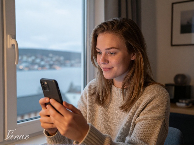 Ung norsk kvinne smiler mens hun videosamtaler med kjæresten fra en koselig leilighet med utsikt over fjorden, kveldslys