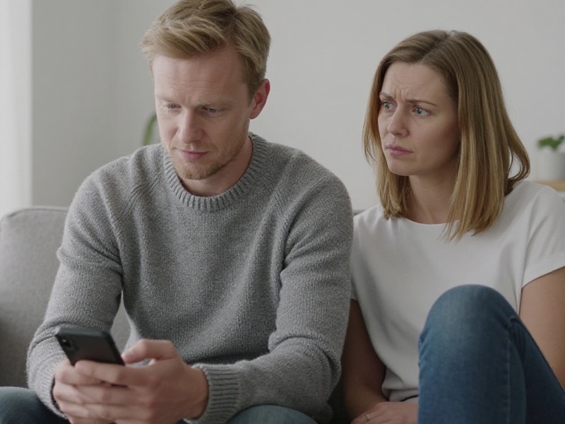 Et norsk par sitter tett i en lys stue med kaffekopper mellom seg og snakker rolig sammen, mens den ene legger mobilen med skjermen ned på sofabordet.