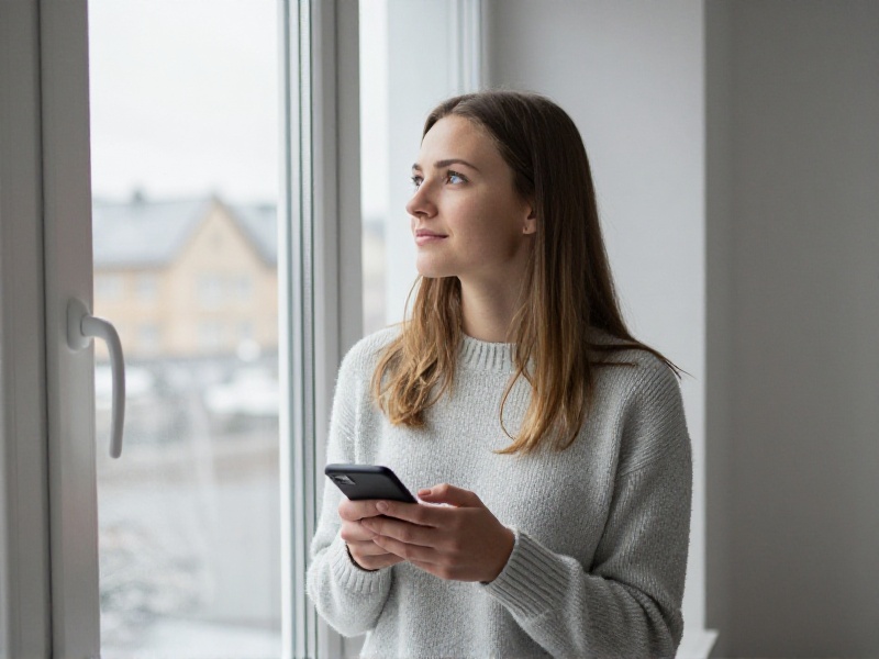 En voksen norsk kvinne sitter rolig med en kaffekopp ved vinduet i en lys leilighet i Bergen og ser ettertenksomt på mobilen sin en tidlig høstmorgen