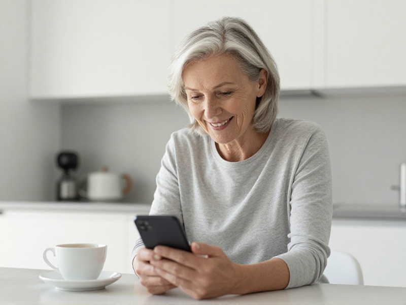 Godt voksen norsk kvinne rundt 55 år smiler mens hun sitter ved kjøkkenbordet med kaffekopp og ser på mobilen, varmt morgenlys gjennom vinduet
