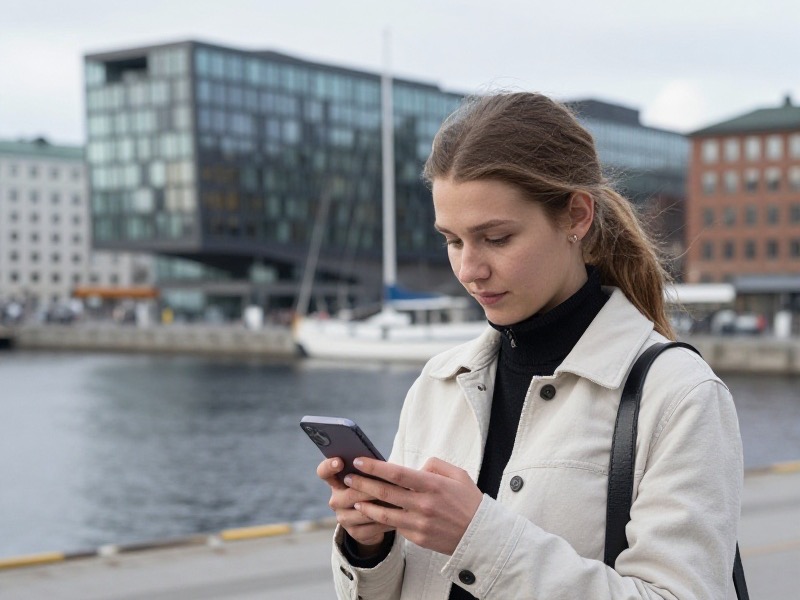 Ung norsk kvinne sjekker datingapp på mobilen ved havnepromenaden i Oslo, mykt nordisk dagslys
