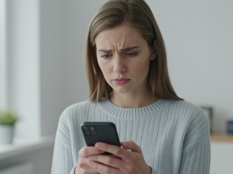 En norsk kvinne i 30-årene sitter i sofaen hjemme og ser skeptisk og bekymret på en melding på telefonen sin