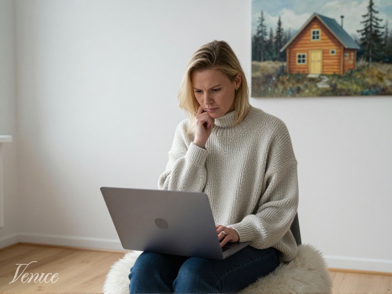 Norsk kvinne i slutten av trettiårene sitter i en koselig Oslo-leilighet med hytte-estetikk og gransker en mistenkelig melding på laptopen i dagslys, bekymret men rolig