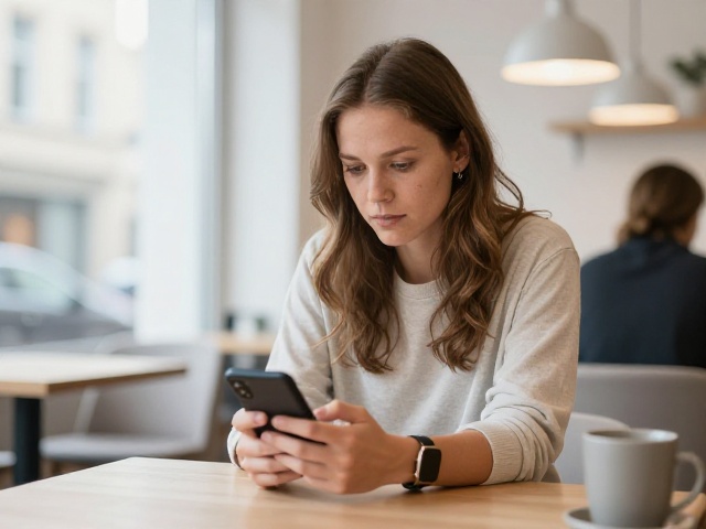 Kvinne som sjekker en datingprofil på nett med forsiktighet