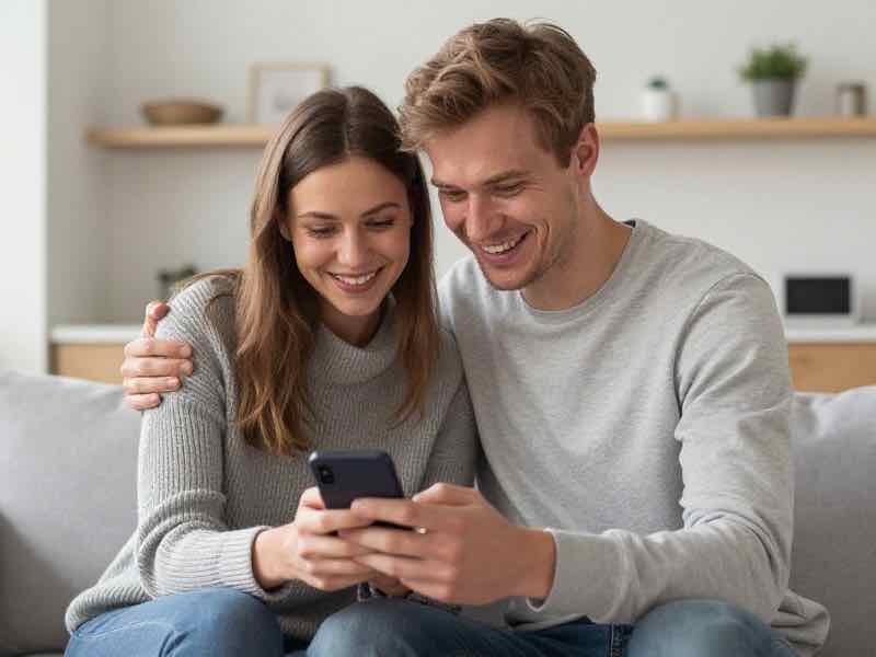 Ung norsk kvinne sitter ved et kjøkkenbord med en kopp kaffe og ser smilende på mobilen sin i et lyst skandinavisk hjem