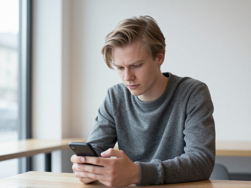 En ung person som ser ettertenksomt på telefonen på en kafé, mykt dagslys, moderne norsk miljø, respektfull og nøktern stemning.
