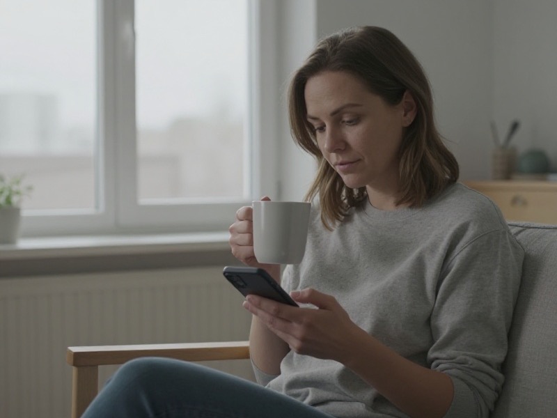 En kvinne i trettiårene står ved vinduet i en norsk leilighet med mobilen i hånden og ser ettertenksomt ut mot gaten i dempet ettermiddagslys.
